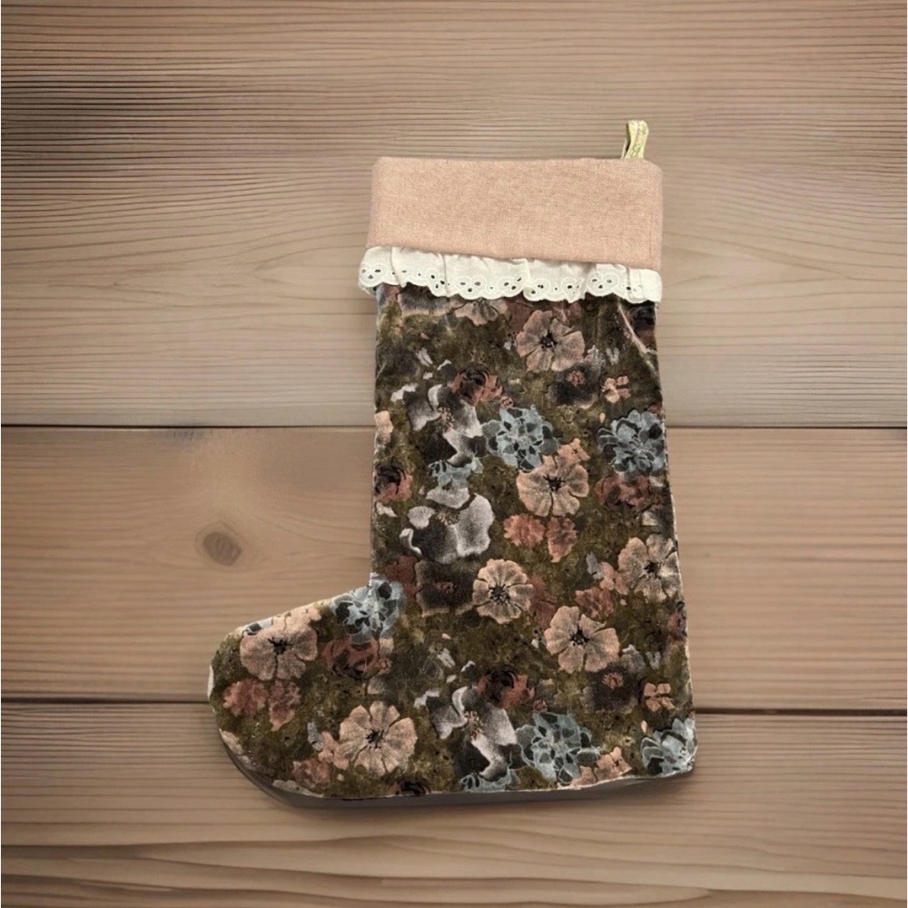 Vtg Handmade Christmas Stocking Floral Velvet Lace Romantic Victorian Style Goth